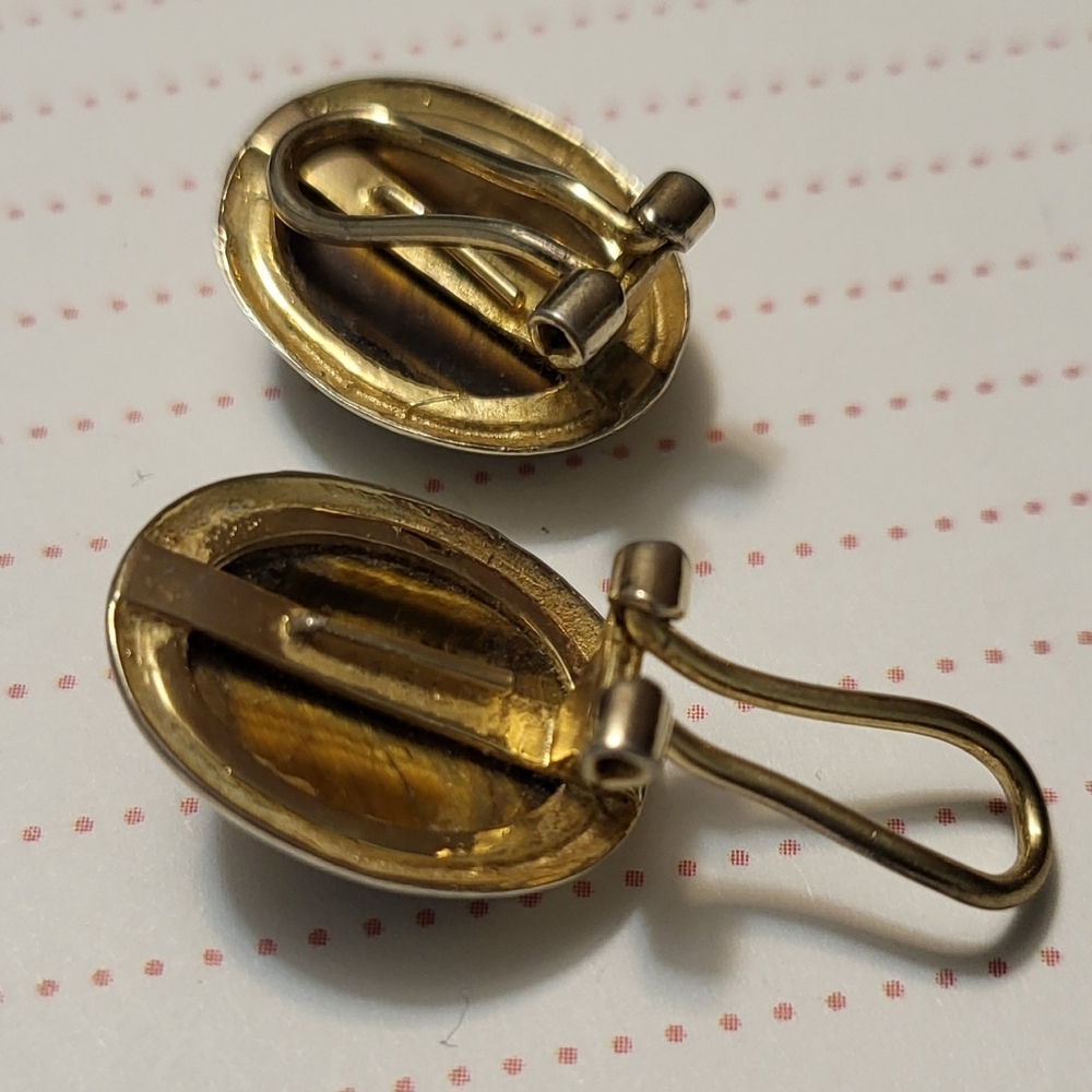 2pr Vintage Clips Jade, Tiger Eye - Picture 3 of 6